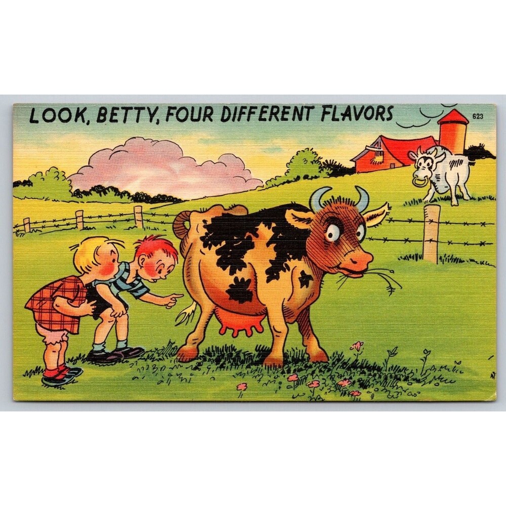 Vintage Comic Postcard Look Betty Four Different Flavors Cow Humor Tichnor Bros